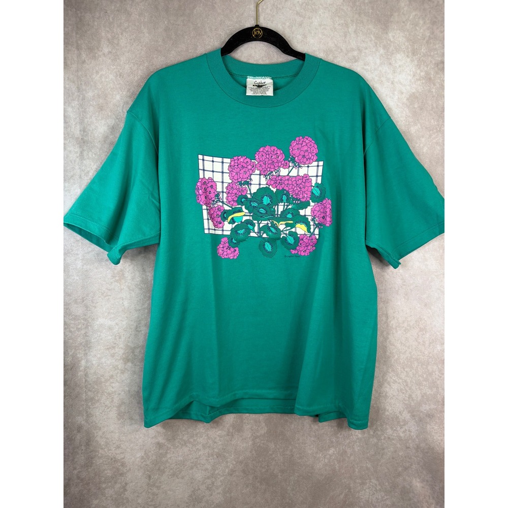 Gopher Sport T-Shirt Women XL Teal Green Vintage 90s Floral Geranium Graphic USA